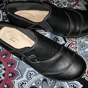 Clarks Black Leather Slip-On Shoes